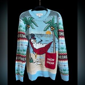 Novelty Christmas Sweater Snowman Hammock Beach Palm Trees Men L